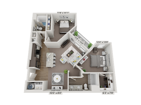 Floor plan for 2 beds, 2 baths, 1031 sqft